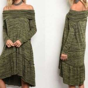 Simmone Midi Dress Off Shoulder Slub Knit High Low Hem Marled Olive Size Sm NWT